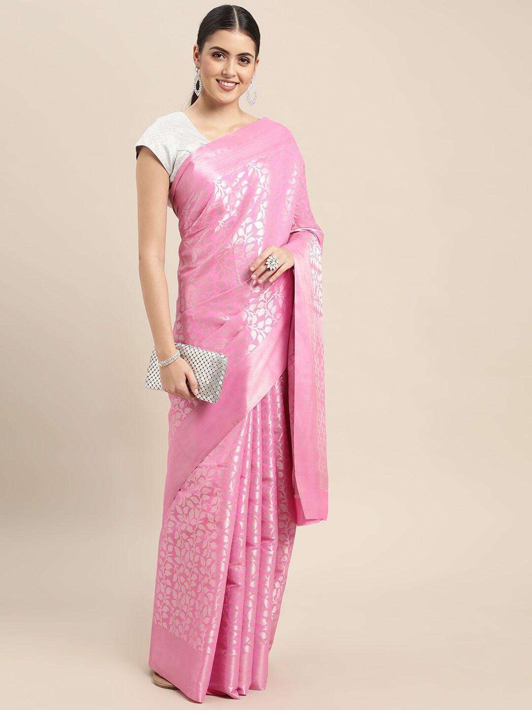 

HOUSE OF BEGUM Floral Woven Design Zari Banarasi Saree, Pink