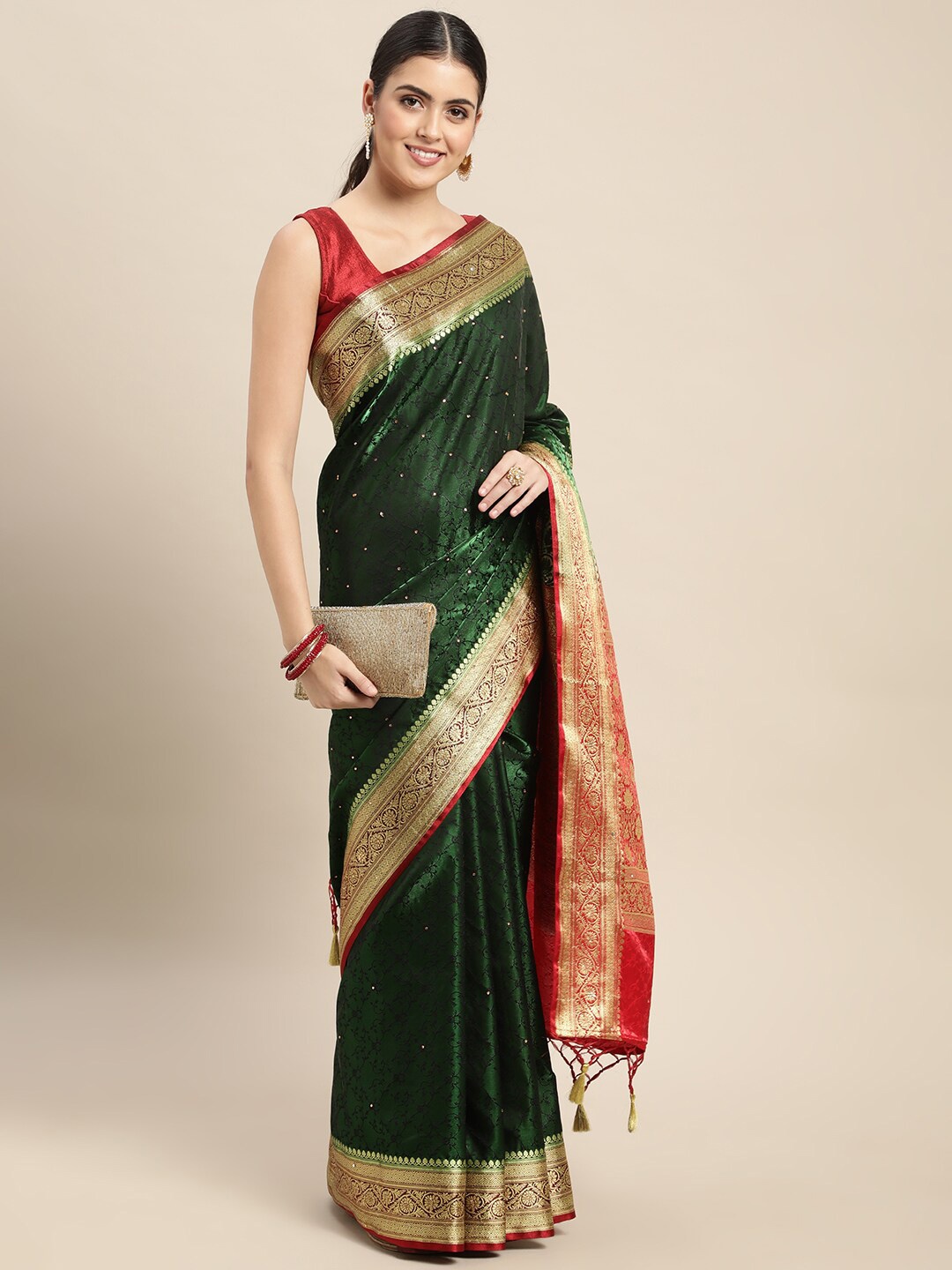 

HOUSE OF BEGUM Woven Design Zari Banarasi Saree, Green