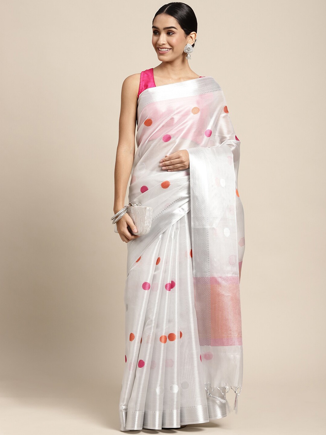

HOUSE OF BEGUM Geometric Woven Design Zari Banarasi Saree, White