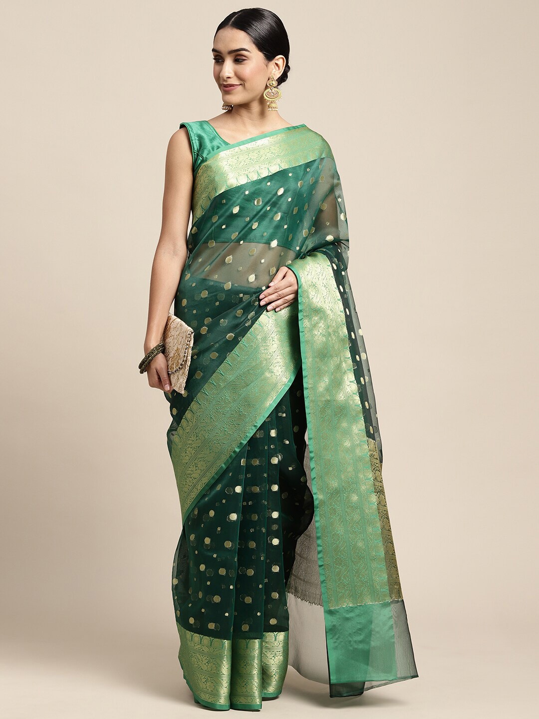 

HOUSE OF BEGUM Ethnic Motif Zari Organza Banarasi Saree With Blouse Piece, Green