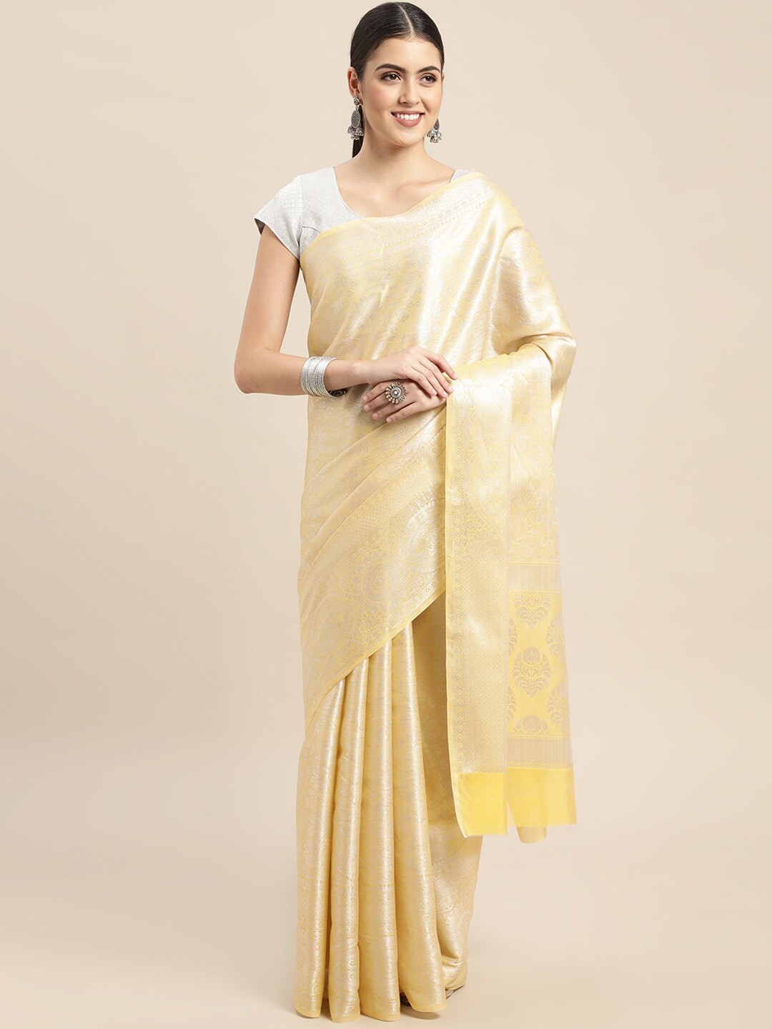 

HOUSE OF BEGUM Floral Woven Design Zari Banarasi Saree, Yellow