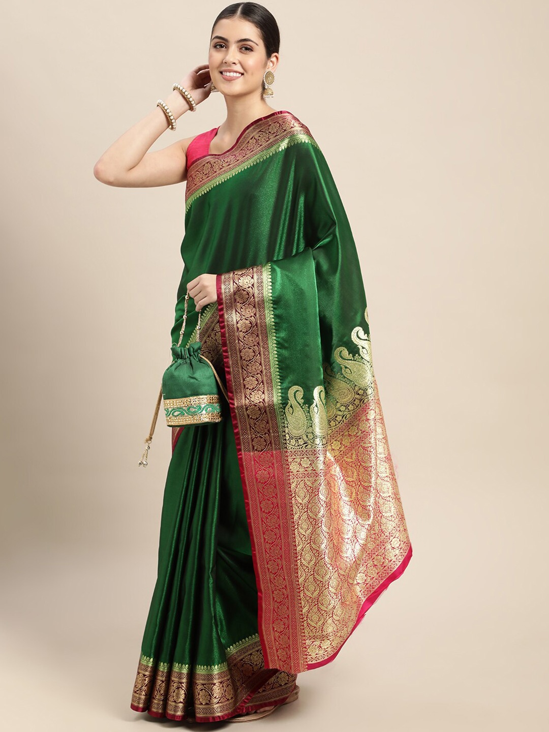 

HOUSE OF BEGUM Ethnic Motif Zari Silk Blend Banarasi Saree With Blouse Piece, Green