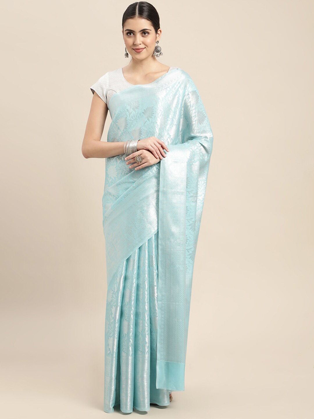 

HOUSE OF BEGUM Floral Woven Design Zari Banarasi Saree, Blue