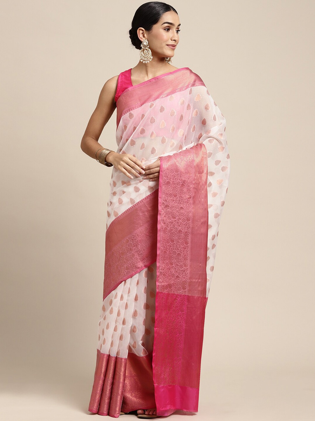 

HOUSE OF BEGUM Ethnic Motifs Woven Design Zari Organza Banarasi Saree, Off white