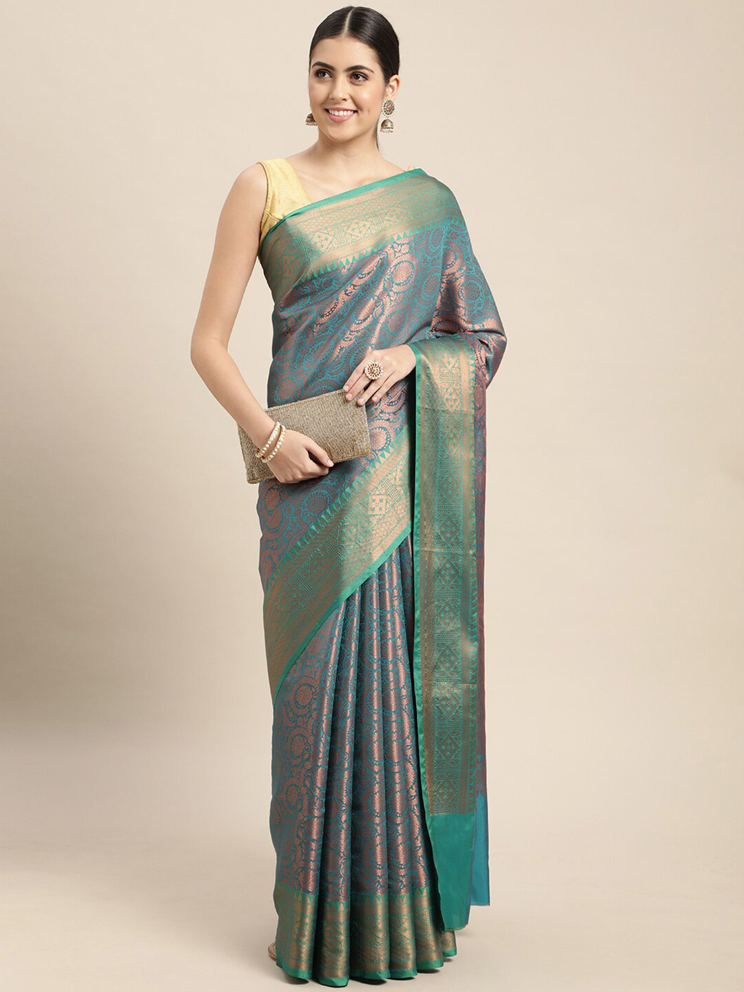 

HOUSE OF BEGUM Floral Woven Design Zari Kanjeevaram Saree, Blue