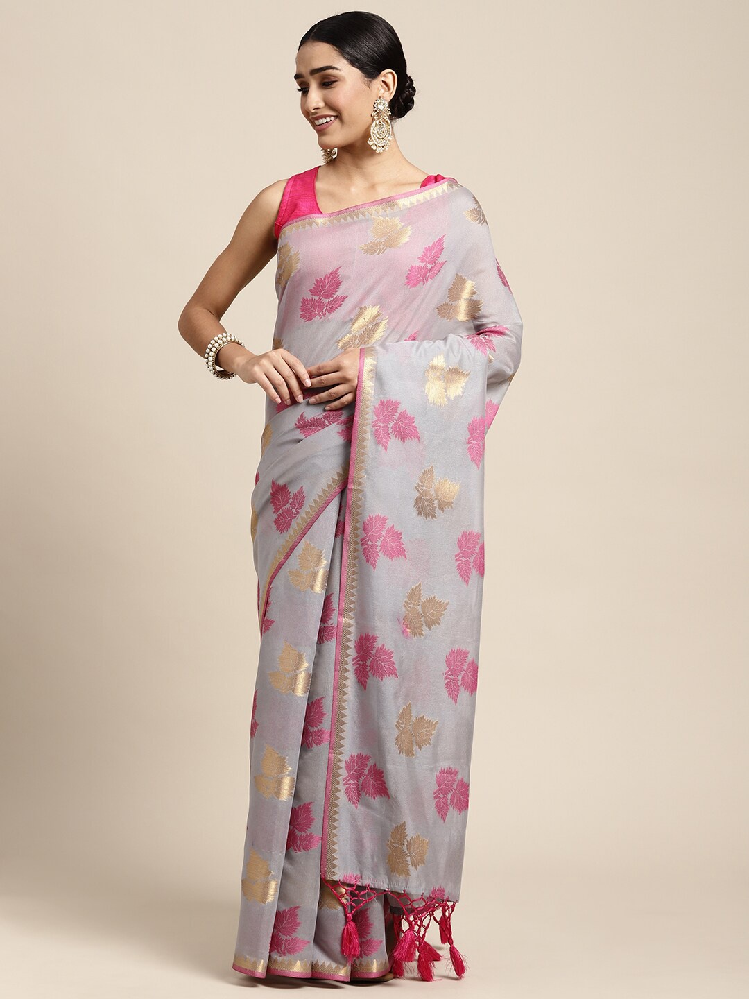 

HOUSE OF BEGUM Floral Silk Blend Chanderi Saree With Blouse Piece, Grey