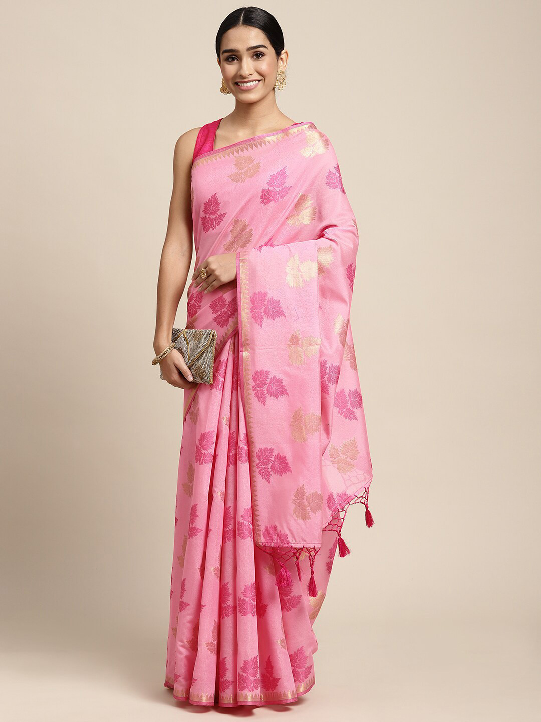

HOUSE OF BEGUM Floral Woven Design Zari Chanderi Saree, Pink