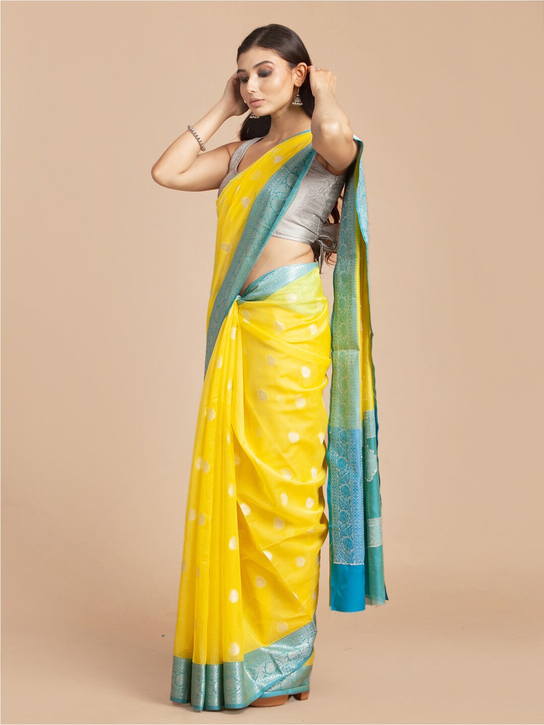 

HOUSE OF BEGUM Ethnic Motif Zari Silk Blend Banarasi Saree With Blouse Piece, Yellow