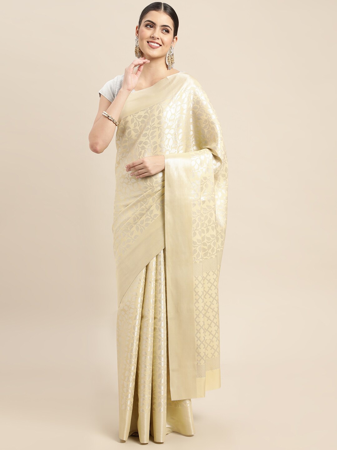 

HOUSE OF BEGUM Floral Woven Design Zari Banarasi Saree, Beige
