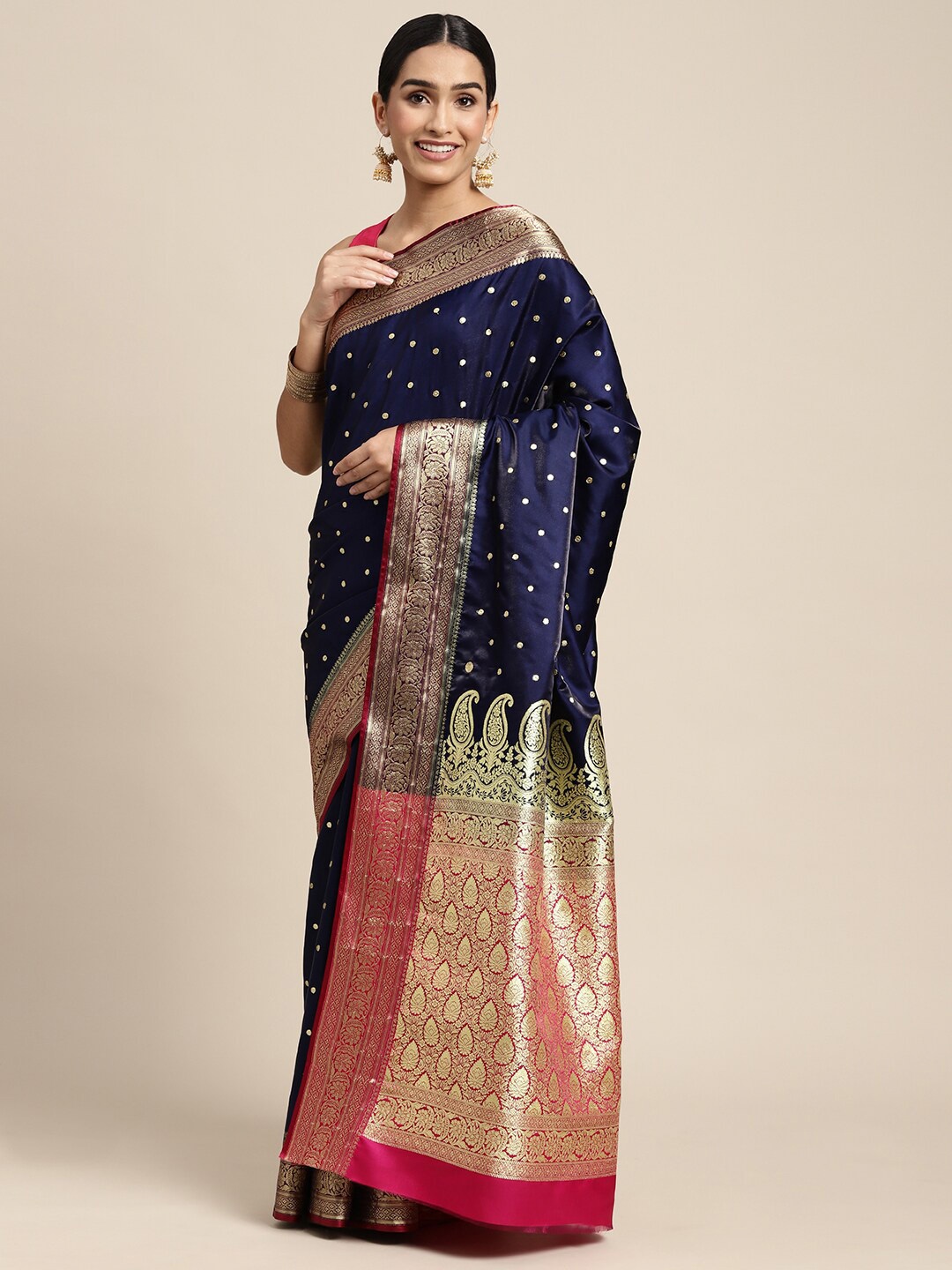 

HOUSE OF BEGUM Polka Dot Woven Design Zari Banarasi Saree, Blue