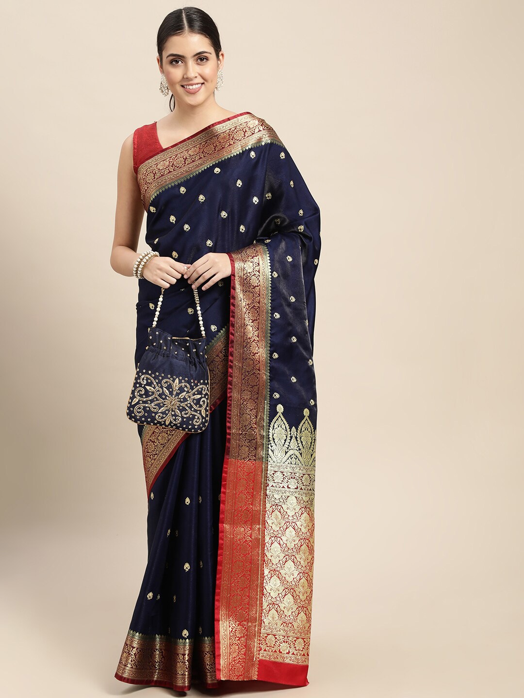 

HOUSE OF BEGUM Ethnic Motif Woven Design Zari Banarasi Saree, Navy blue