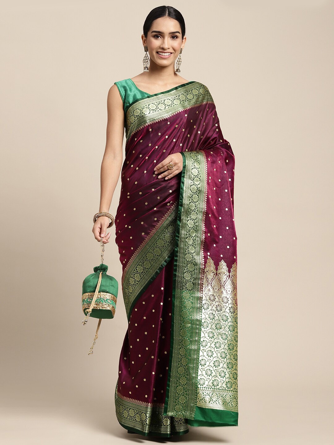 

HOUSE OF BEGUM Polka Dot Woven Design Zari Banarasi Saree, Maroon