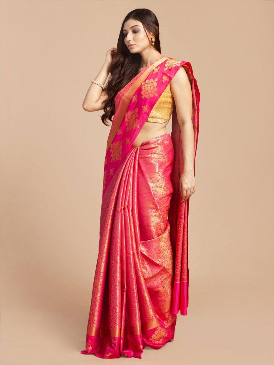 

HOUSE OF BEGUM Ethnic Motif Woven Design Zari Kanjeevaram Saree, Pink