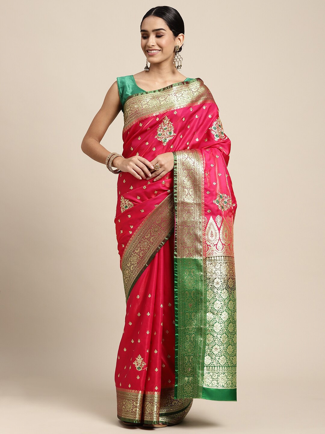 

HOUSE OF BEGUM Ethnic Motifs Woven Design Zari Banarasi Saree, Pink