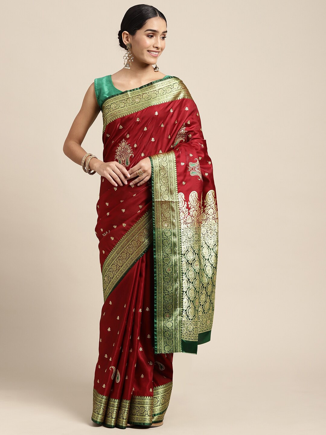 

HOUSE OF BEGUM Ethnic Motif Woven Design Zari Banarasi Saree, Maroon