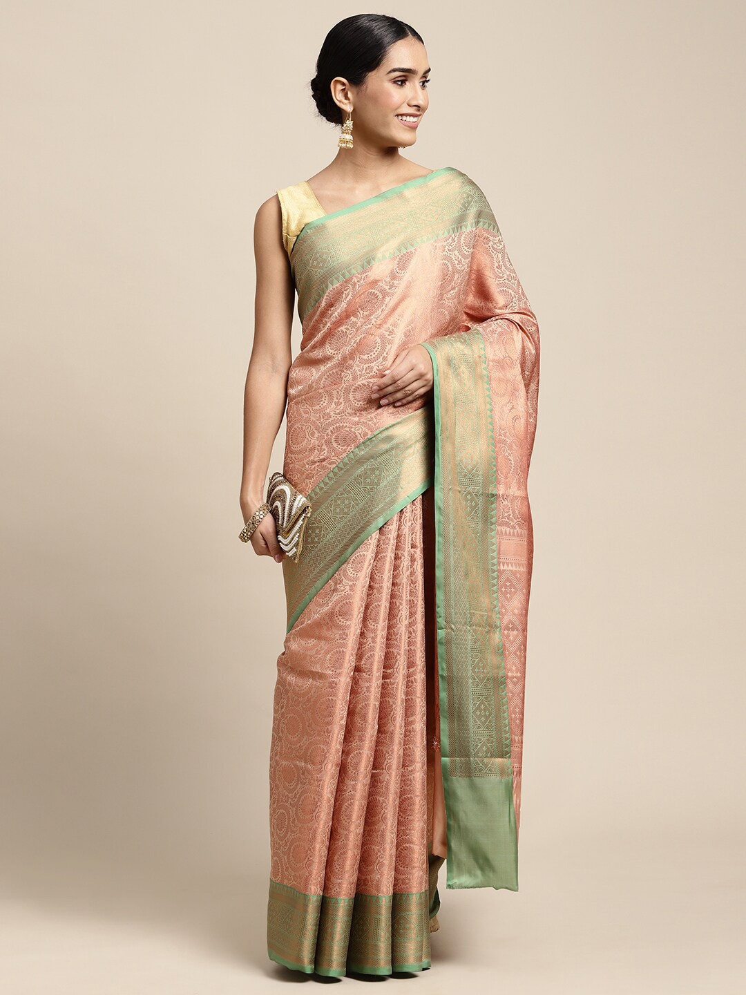

HOUSE OF BEGUM Floral Woven Design Zari Kanjeevaram Saree, Pink