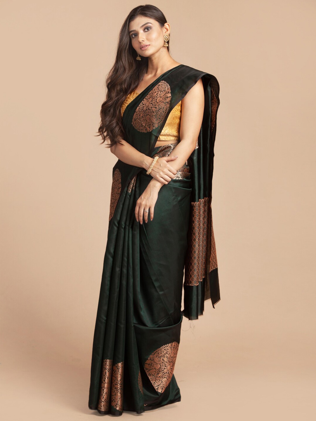 

HOUSE OF BEGUM Ethnic Motif Zari Silk Blend Banarasi Saree With Blouse Piece, Green
