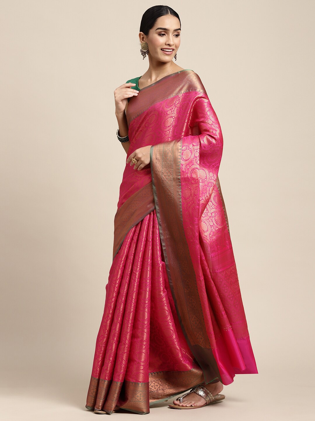 

HOUSE OF BEGUM Floral Woven Design Zari Kanjeevaram Saree, Pink