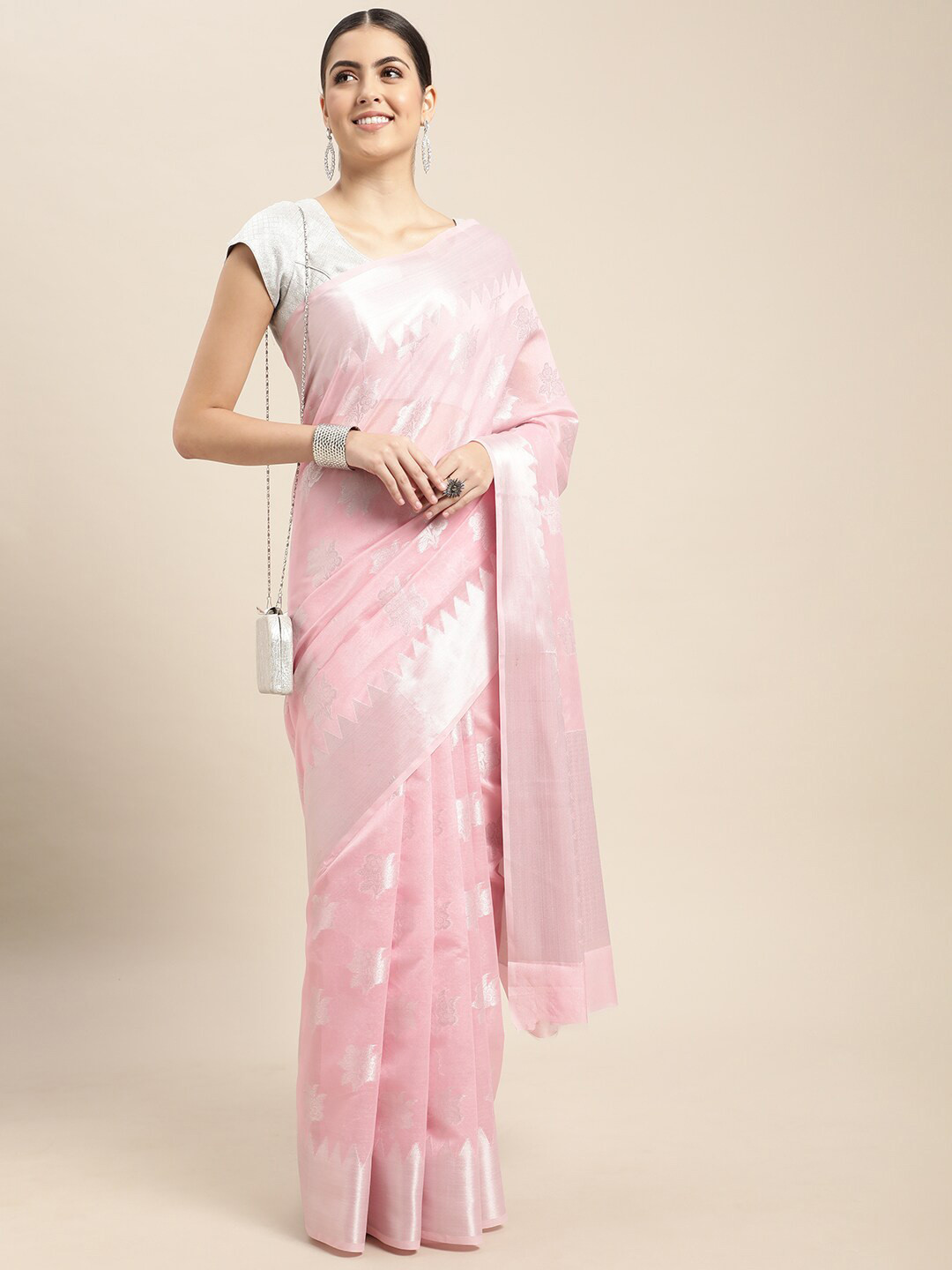 

HOUSE OF BEGUM Floral Woven Design Zari Organza Banarasi Saree, Pink