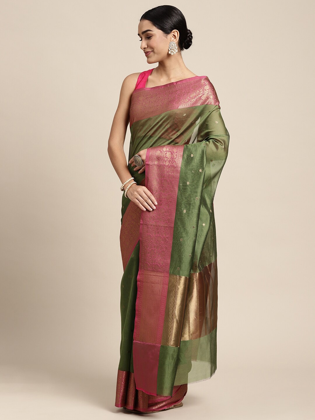 

HOUSE OF BEGUM Ethnic Motif Zari Silk Blend Banarasi Saree With Blouse Piece, Green