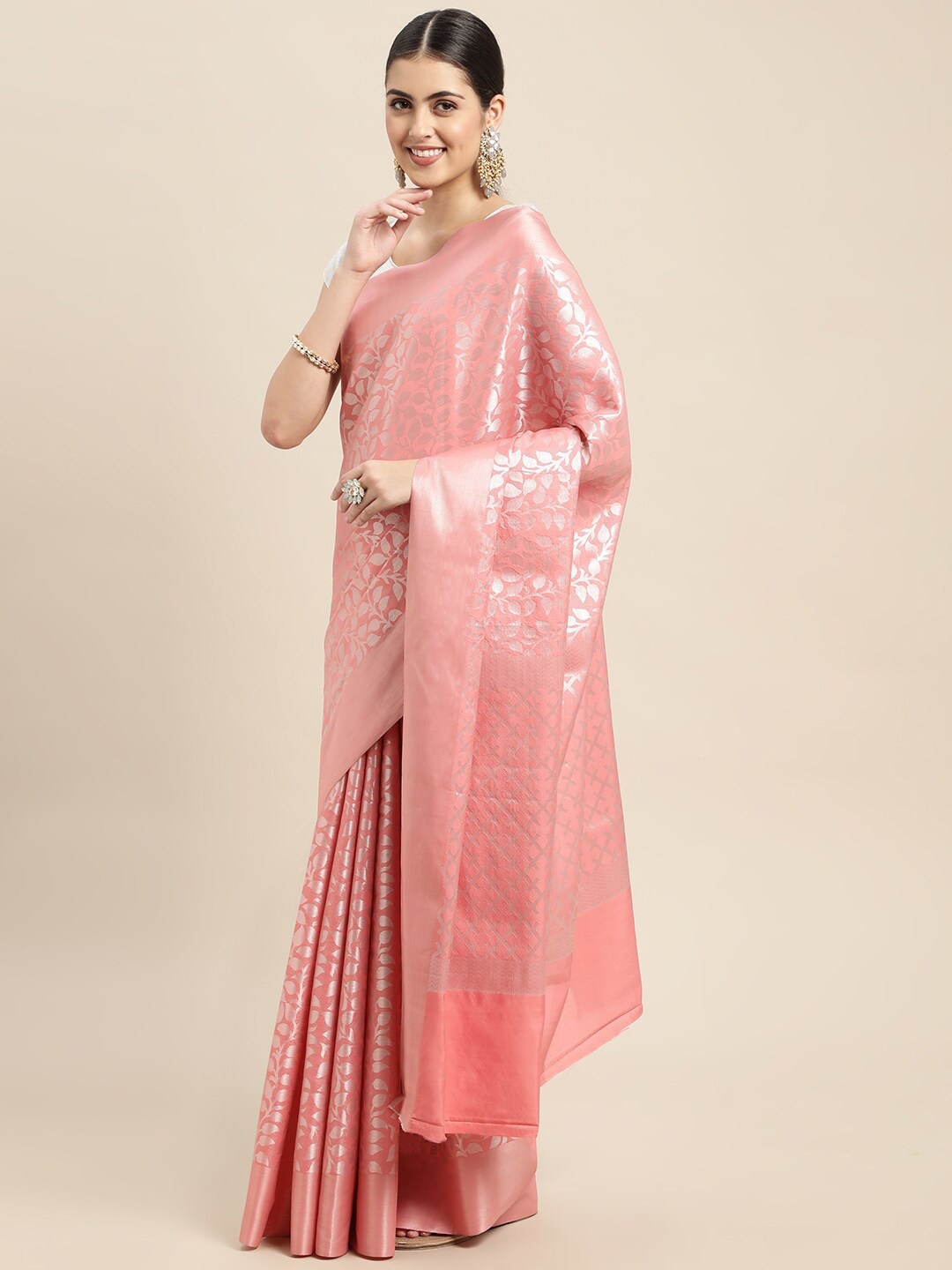 

HOUSE OF BEGUM Floral Woven Design Zari Banarasi Saree, Pink