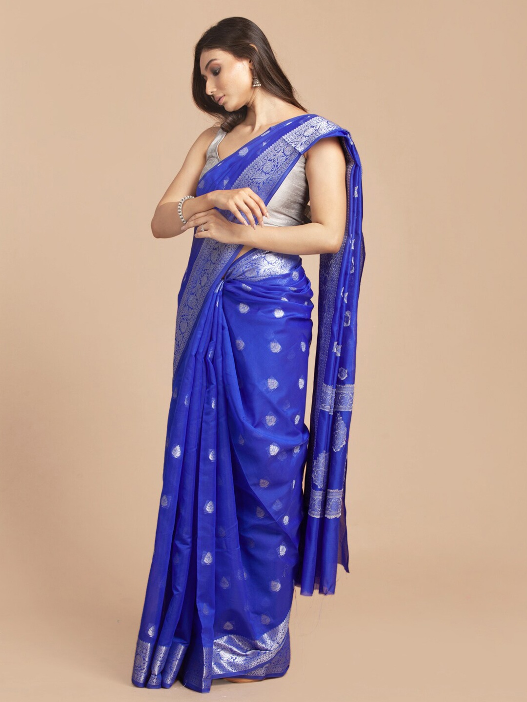 

HOUSE OF BEGUM Ethnic Motif Zari Silk Blend Banarasi Saree With Blouse Piece, Blue