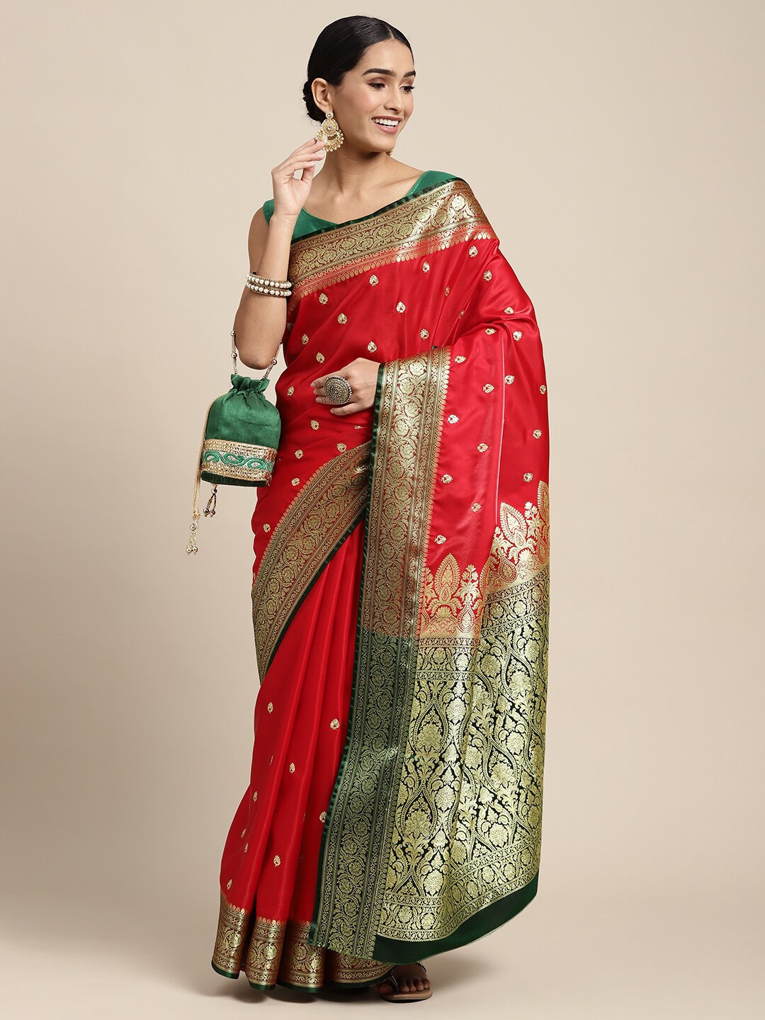 

HOUSE OF BEGUM Ethnic Motif Zari Silk Blend Banarasi Saree With Blouse Piece, Red