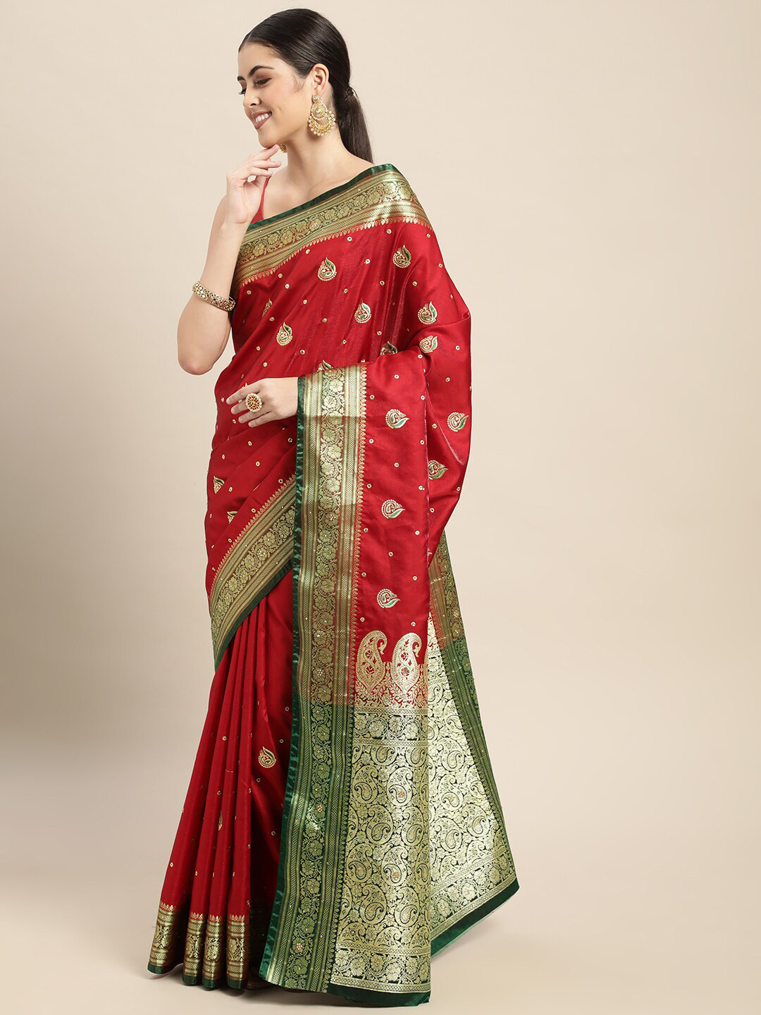 

HOUSE OF BEGUM Ethnic Motif Woven Design Zari Banarasi Saree, Red