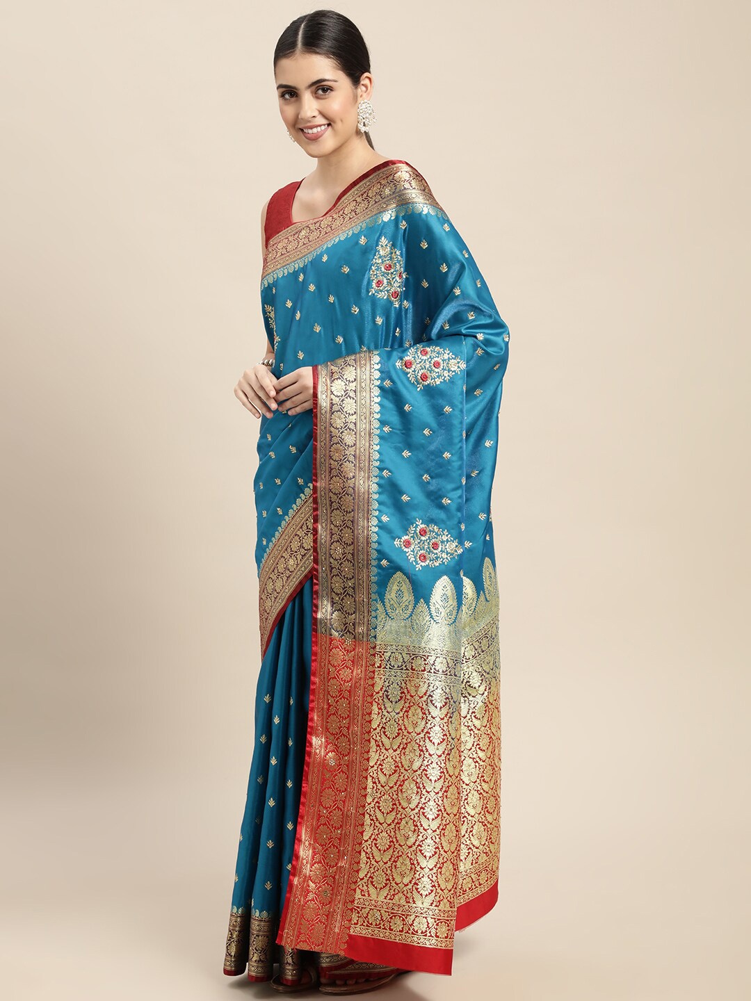 

HOUSE OF BEGUM Floral Woven Design Zari Banarasi Saree, Blue