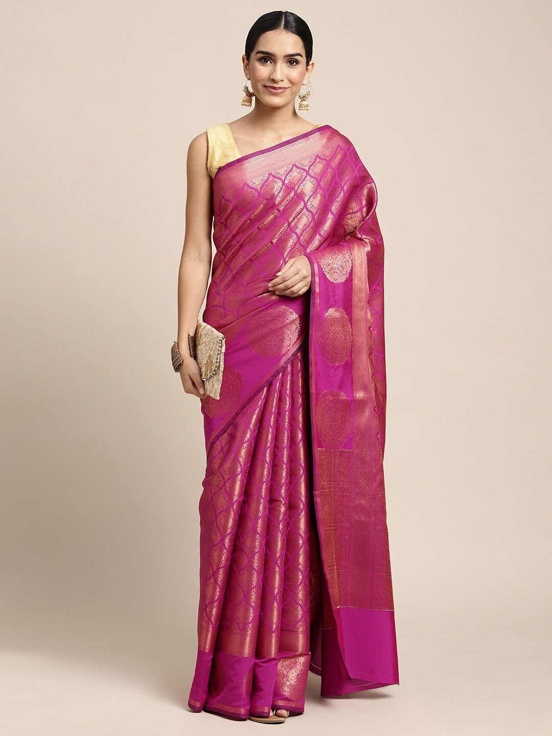

HOUSE OF BEGUM Ethnic Motif Woven Design Zari Kanjeevaram Saree, Maroon