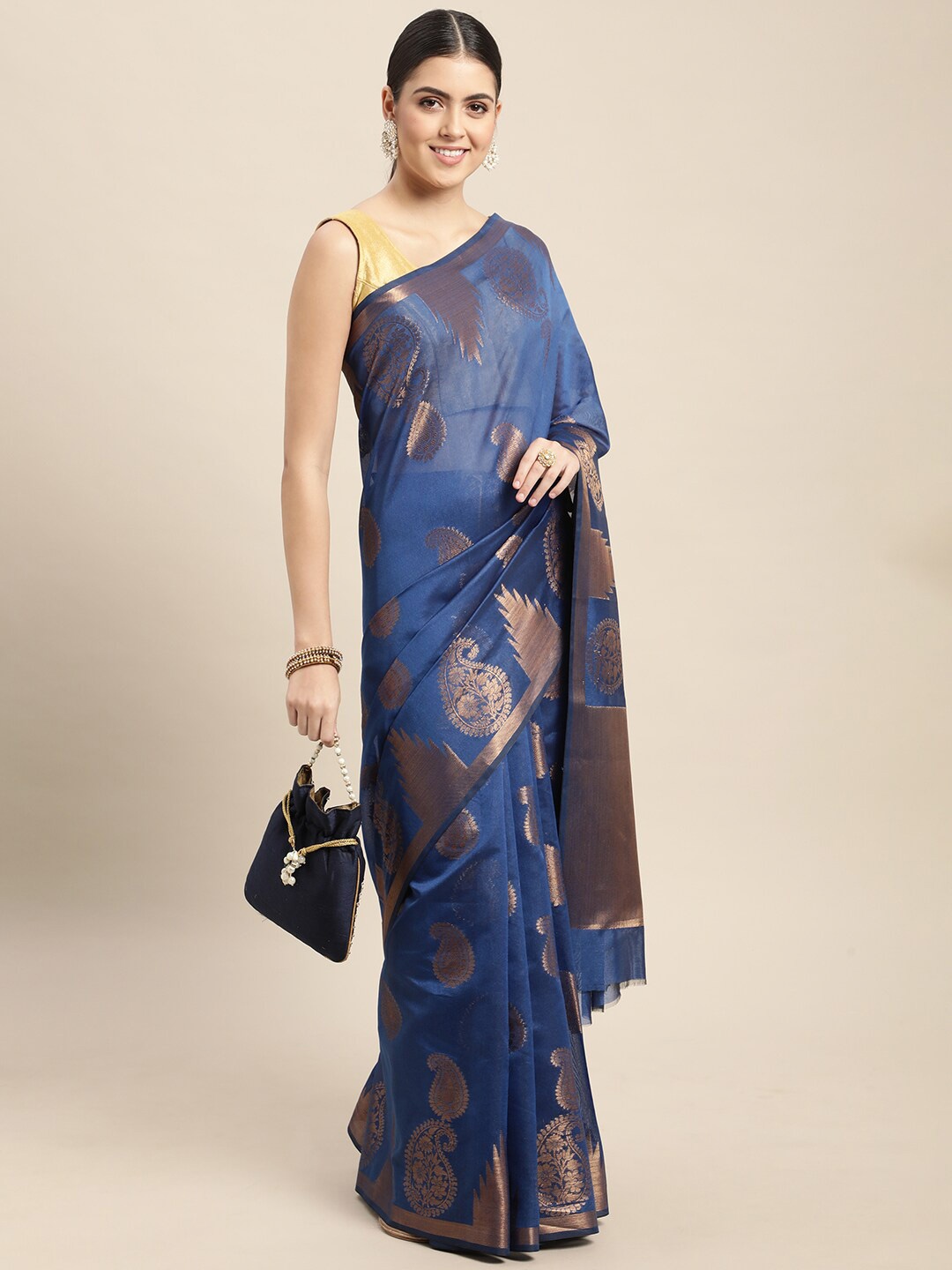 

HOUSE OF BEGUM Paisley Woven Design Zari Chanderi Saree, Blue