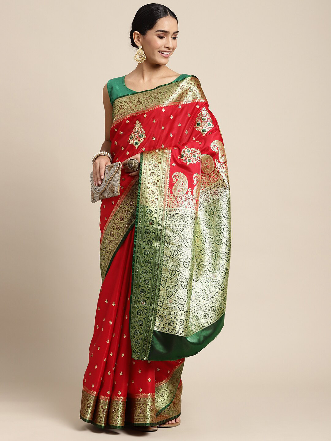 

HOUSE OF BEGUM Ethnic Motifs Zari Banarasi Saree, Red