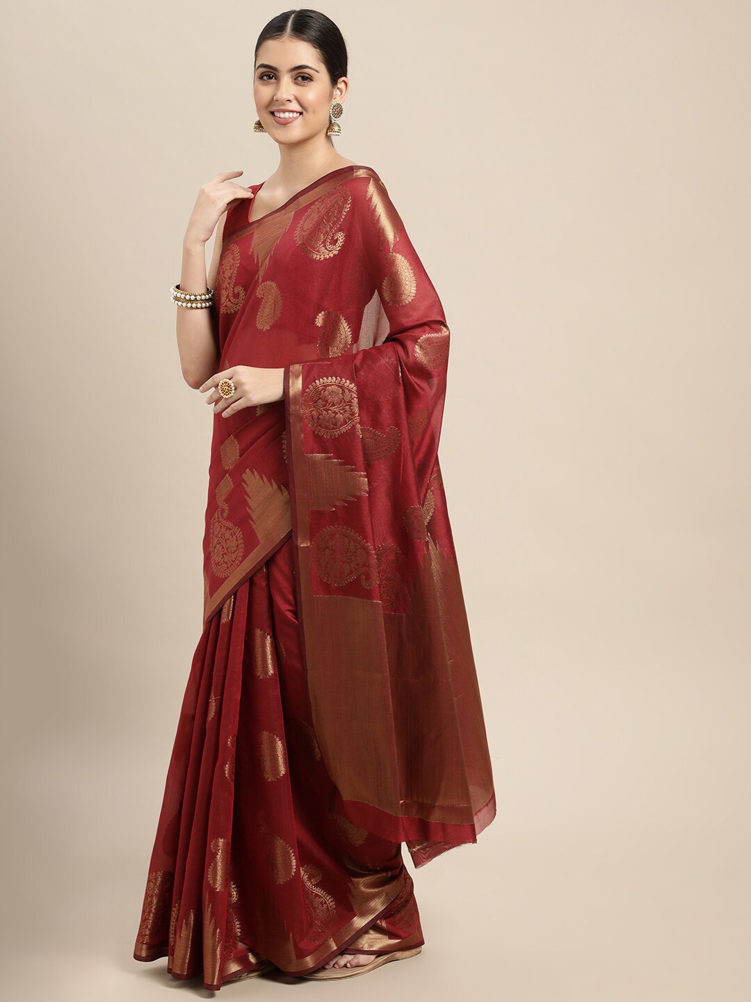 

HOUSE OF BEGUM Paisley Woven Design Zari Chanderi Saree, Maroon
