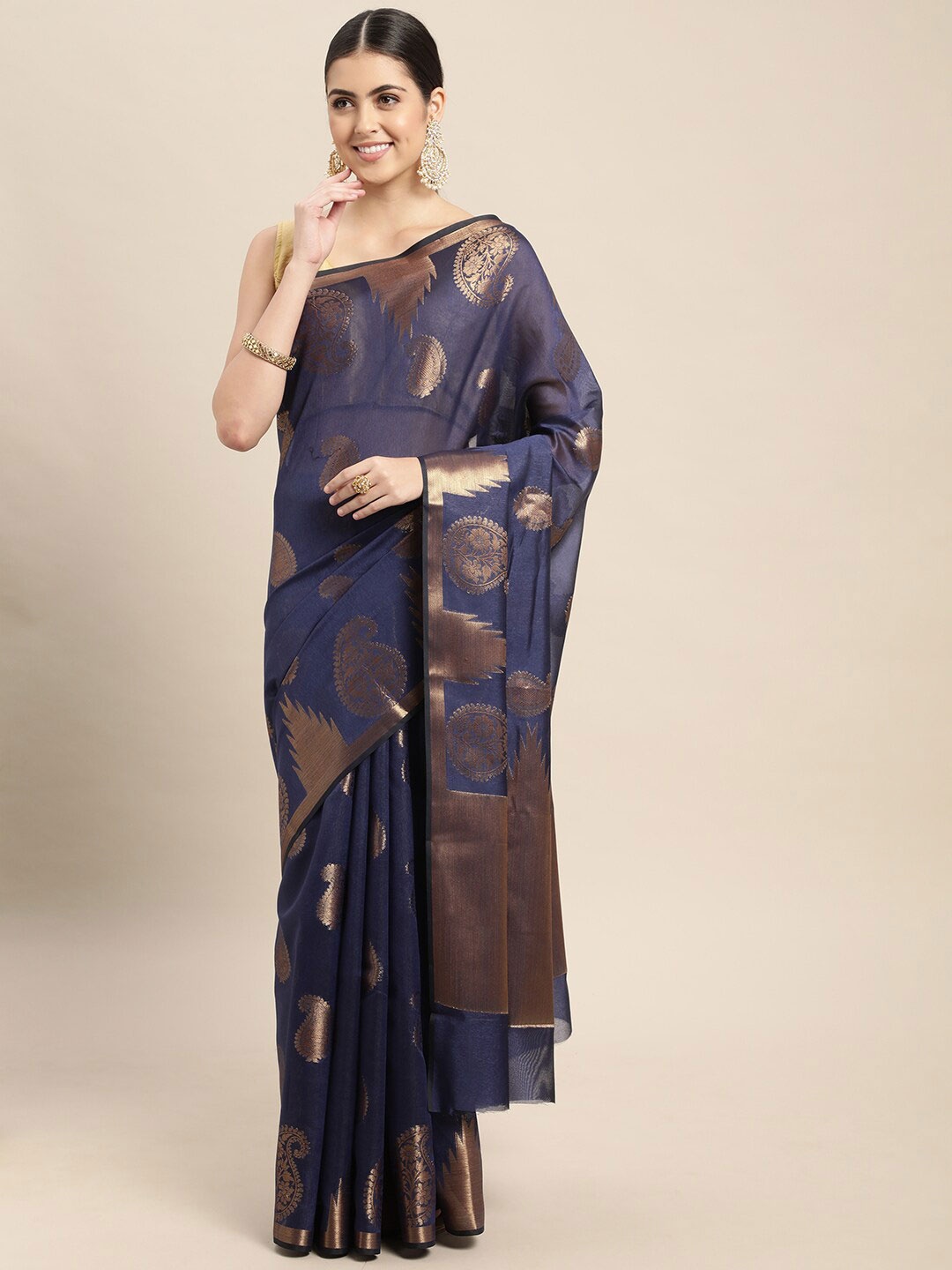

HOUSE OF BEGUM Paisley Zari Silk Blend Chanderi Saree With Blouse Piece, Blue