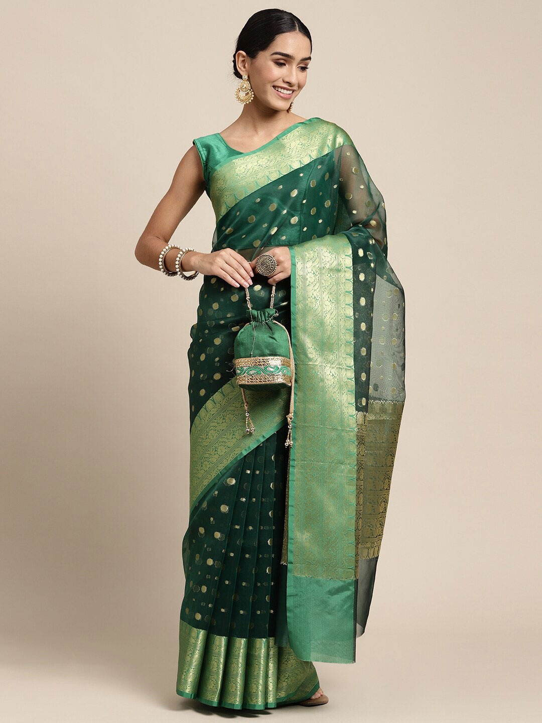 

HOUSE OF BEGUM Ethnic Motif Woven Design Zari Organza Banarasi Saree, Green