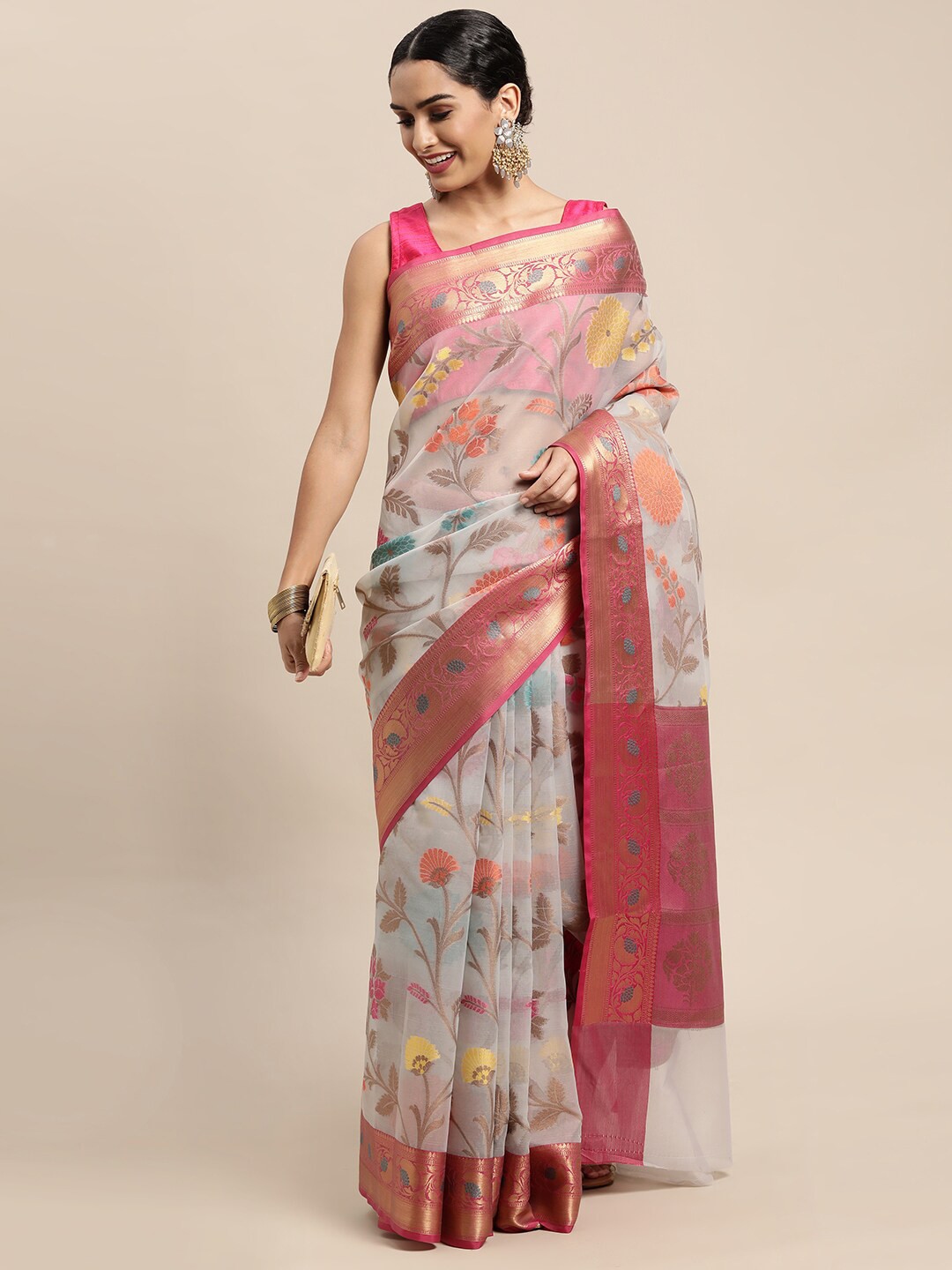 

HOUSE OF BEGUM Floral Woven Design Zari Organza Banarasi Saree, Grey