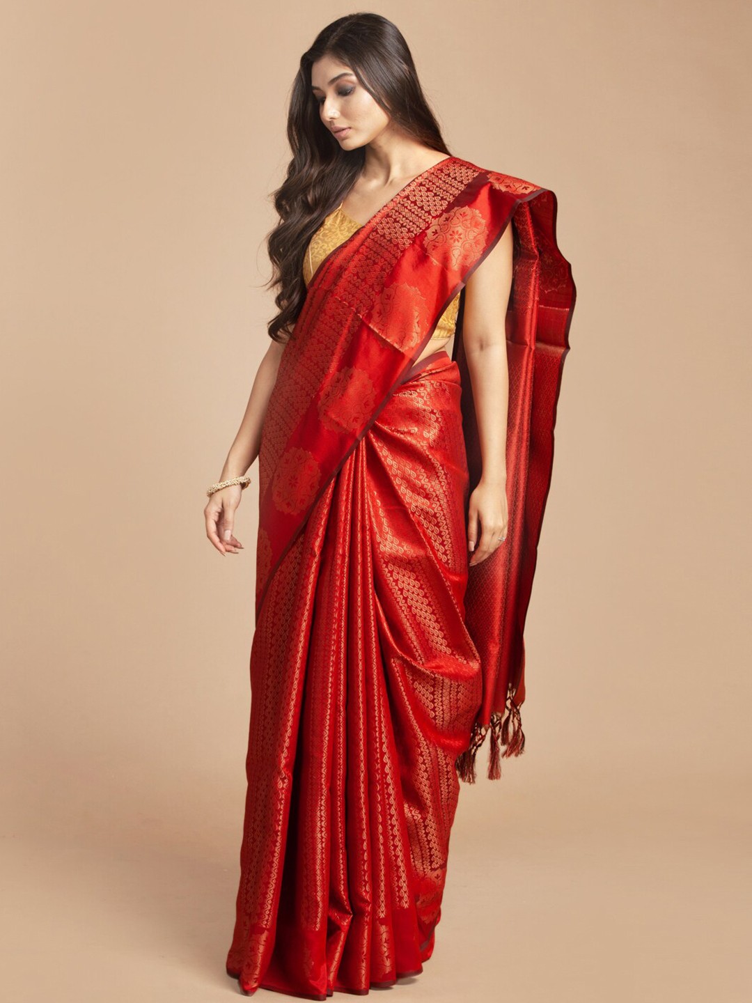 

HOUSE OF BEGUM Ethnic Motif Zari Silk Blend Banarasi Saree With Blouse Piece, Red