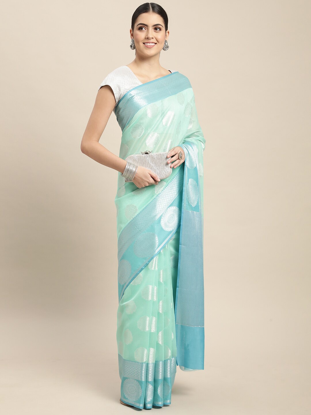 

HOUSE OF BEGUM Floral Woven Design Zari Organza Banarasi Saree, Blue