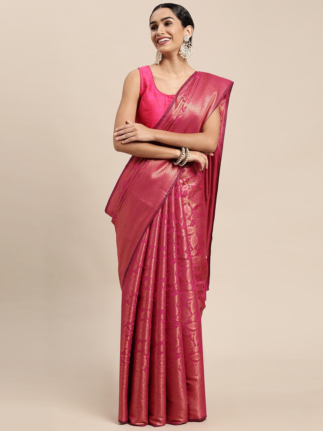 

HOUSE OF BEGUM Woven Design Zari Kanjeevaram Saree, Pink