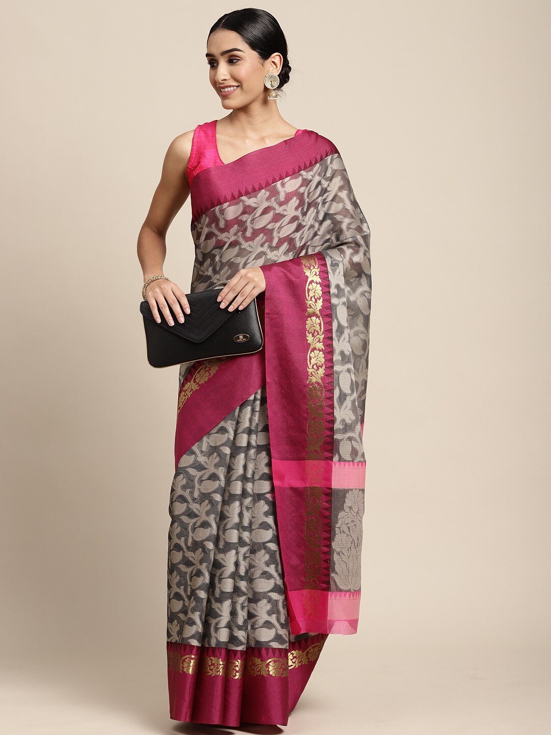 

HOUSE OF BEGUM Floral Woven Design Zari Banarasi Saree, Black