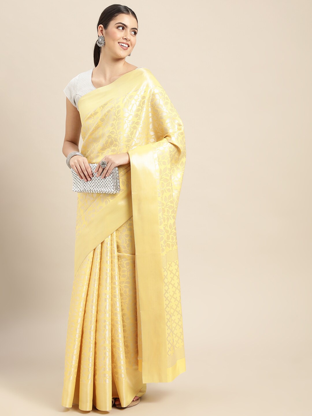 

HOUSE OF BEGUM Floral Woven Design Zari Banarasi Saree, Yellow