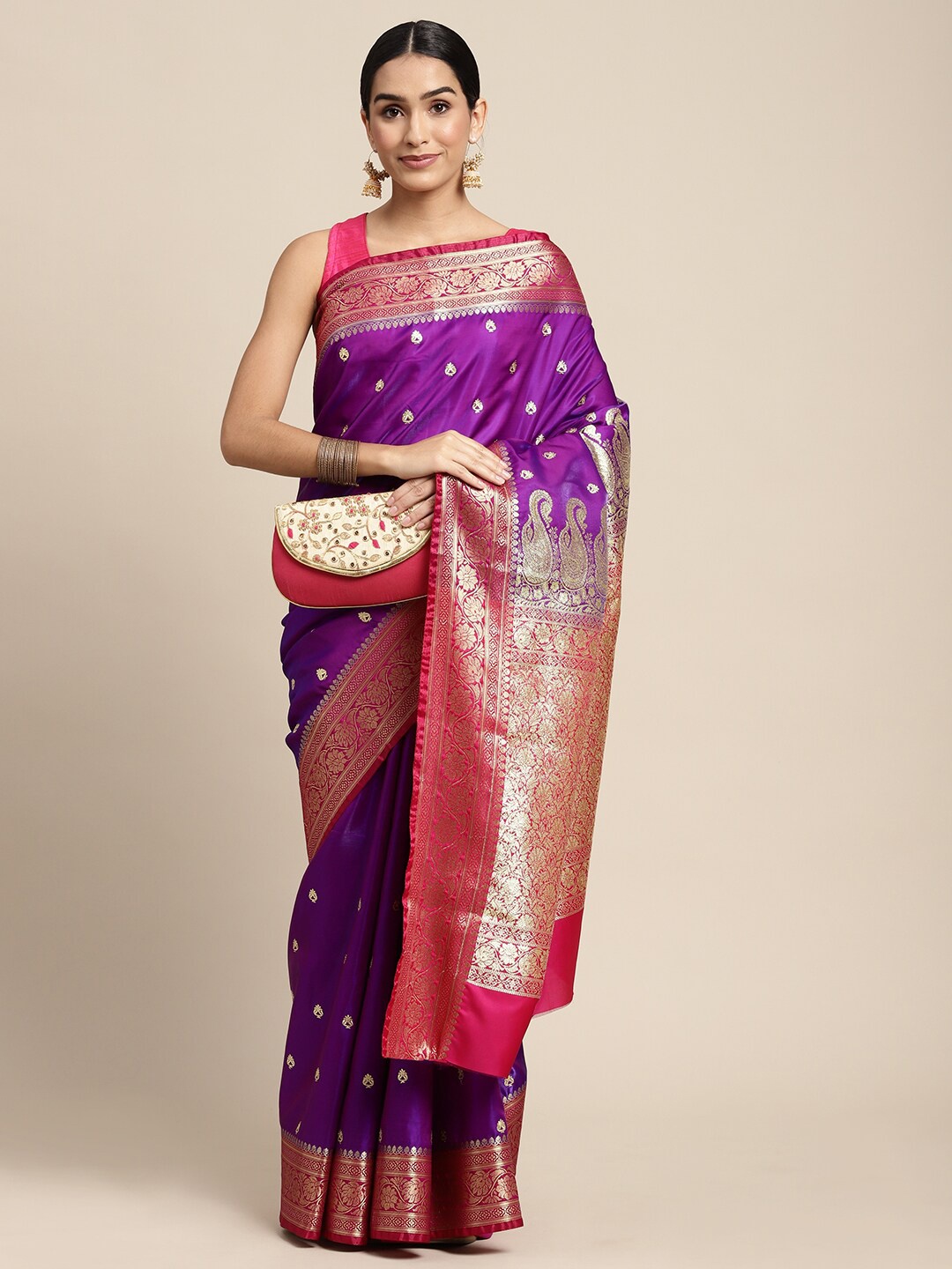 

HOUSE OF BEGUM Ethnic Motifs Woven Design Zari Banarasi Saree, Purple