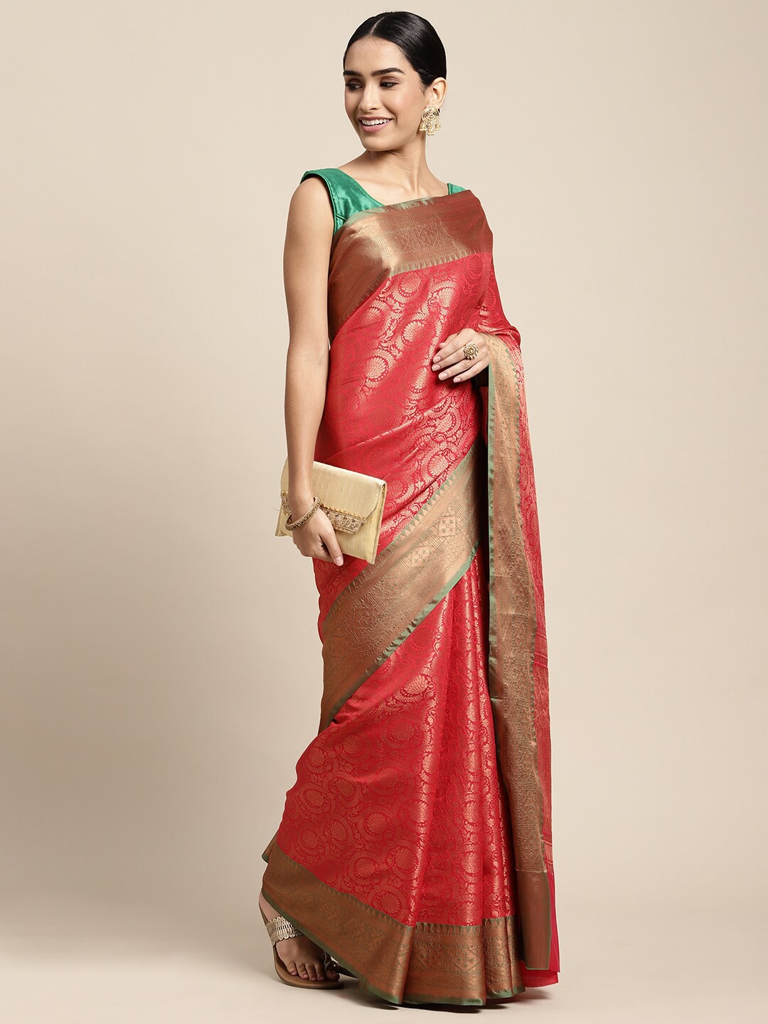 

HOUSE OF BEGUM Ethnic Motif Zari Silk Blend Kanjeevaram Saree With Blouse Piece, Red