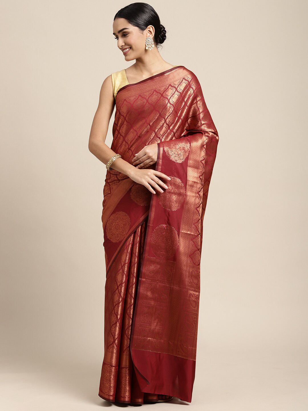 

HOUSE OF BEGUM Ethnic Motif Zari Silk Blend Kanjeevaram Saree With Blouse Piece, Maroon