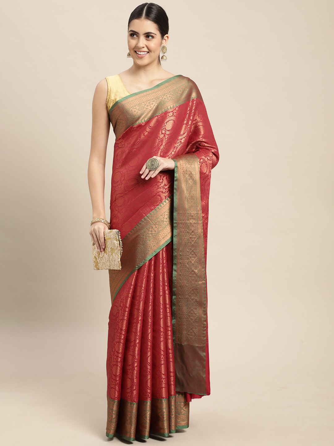 

HOUSE OF BEGUM Floral Woven Design Zari Kanjeevaram Saree, Maroon