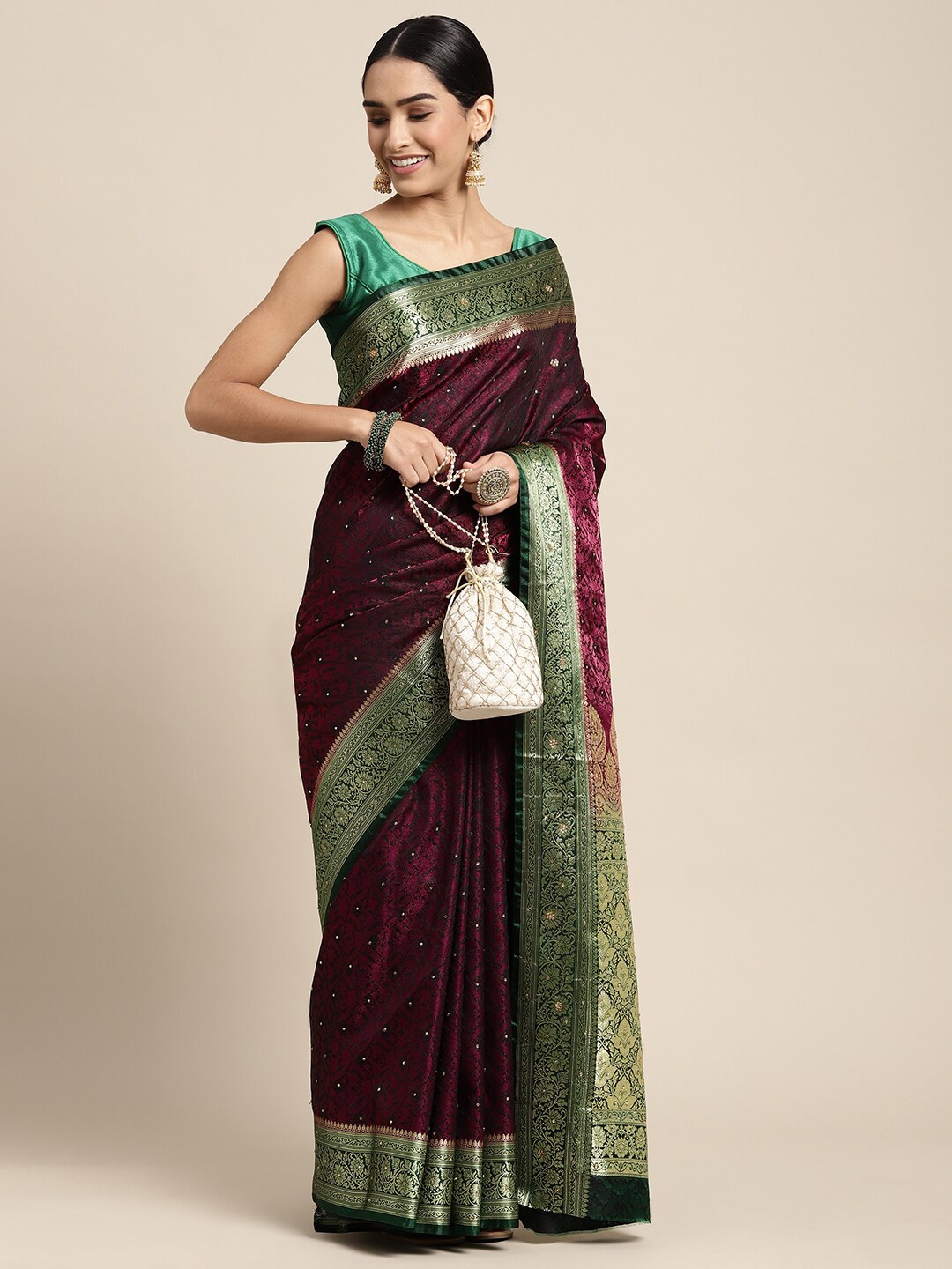

HOUSE OF BEGUM Floral Woven Design Zari Banarasi Saree, Maroon