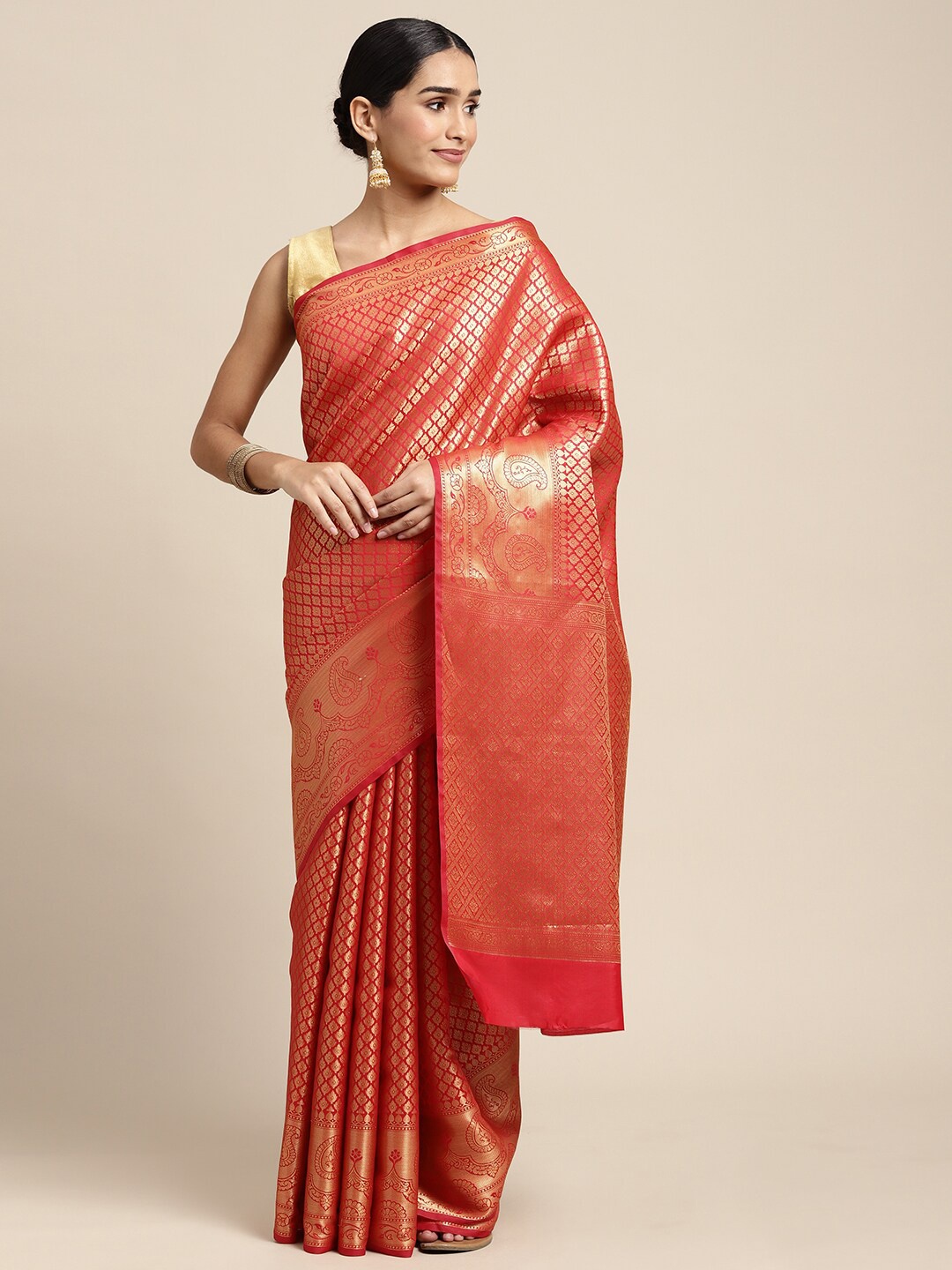 

HOUSE OF BEGUM Woven Design Zari Kanjeevaram Saree, Orange
