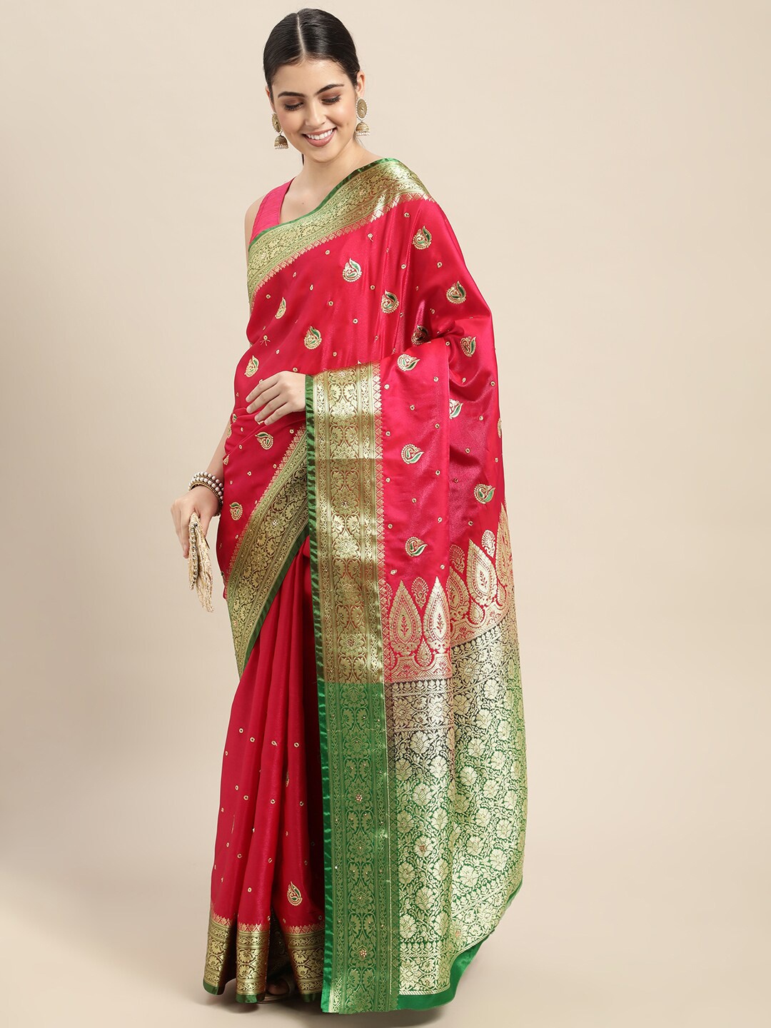 

HOUSE OF BEGUM Ethinic Motif Woven Design Zari Banarasi Saree, Red