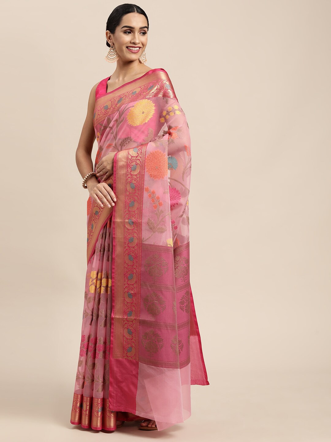 

HOUSE OF BEGUM Floral Woven Design Zari Organza Banarasi Saree, Pink