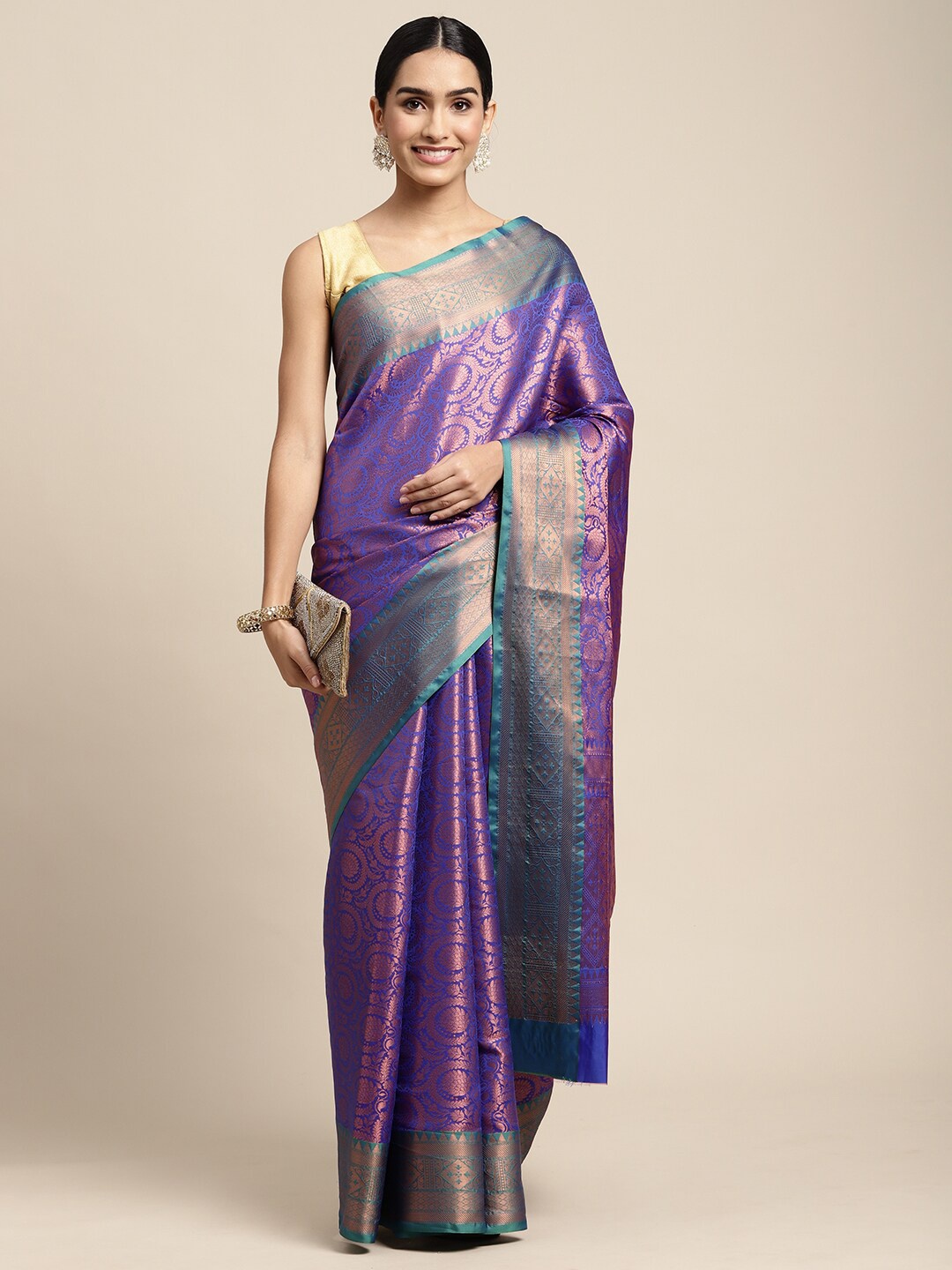 

HOUSE OF BEGUM Floral Woven Design Zari Kanjeevaram Saree, Purple